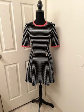 Ted Baker Alexina Black & White Stripe Short Sleeve Pink Trim Dress Size 1